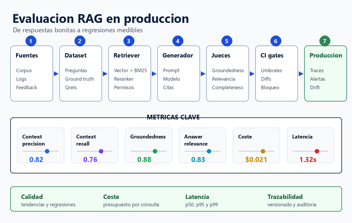 Diagrama de evaluación RAG con corpus, dataset de preguntas, retrieval, generación, jueces, gates de CI y monitorización en producción