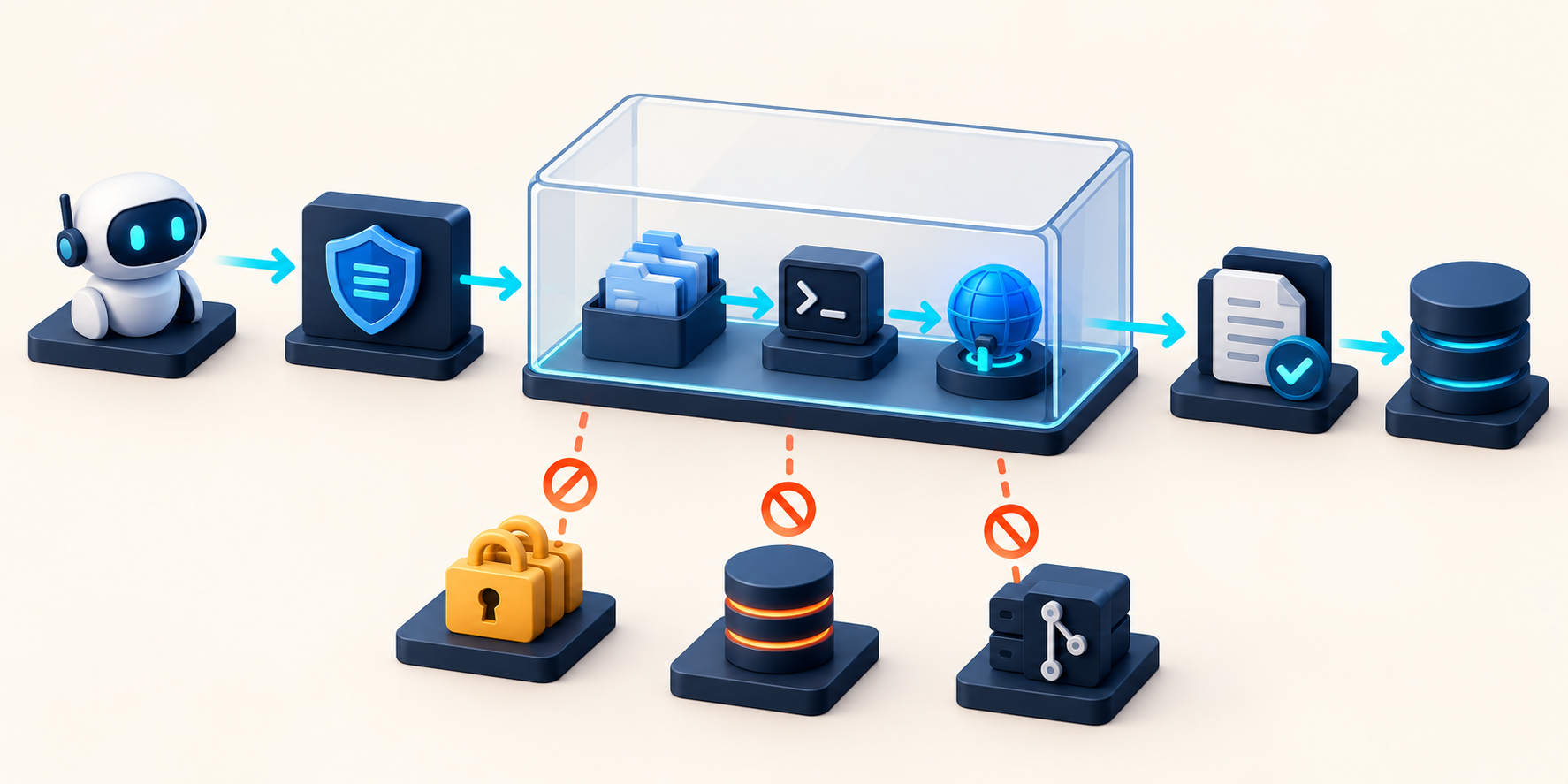 Arquitectura de sandbox para agentes: orquestador y policy engine crean una sesión efímera con workspace aislado, command broker, egress allowlist, identidad temporal y auditoría