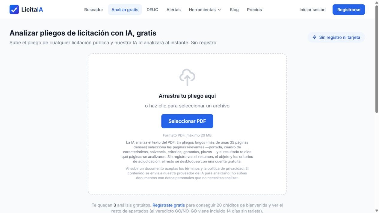 Formulario público de LicitaIA para iniciar la carga de un pliego
