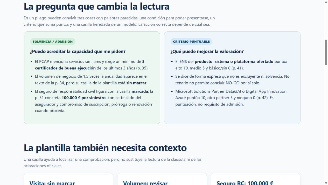 Recurso editorial que separa requisitos de participación y criterios puntuables